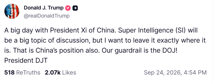 FinanceBureau_'s tweet photo. 🚨BREAKING: Donald Trump claims he and Chinese President Xi Jinping both want to leave AI "exactly where  it is", posing the Justice Department as the safety net. 

In July this year, 29 countries signed up to a China-backed global AI body. 

Meanwhile Trump has, so far, resisted calls for regulation and said  "Whoever wins AI, wins" at the UNGA.

So far, Beijing hasn't confirmed Trump's claims.