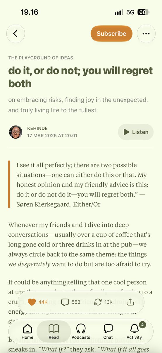 cabtto's tweet photo. another rekomendasi bacaan di substack lately yang aku suka! especially the second one from Kehinde about: Do it or Do not, You Will Regret Both.

ada kalimat yang paling aku suka and it took myself a minute. . 
“Whatever risk you want to take or whatever goal you have set in mind, do it. Fake the confidence and the bravery if you have to, and live life. I know it is scary. 
You may be disappointed. You may be rejected.
But you must remember that whatever the choice may be, we’ll only ever know the outcome of the one we take. And none will ever resolve the uncertainty of life.”

bacaan kalian akhir-akhir ini apaa? sharing yuu 🥺