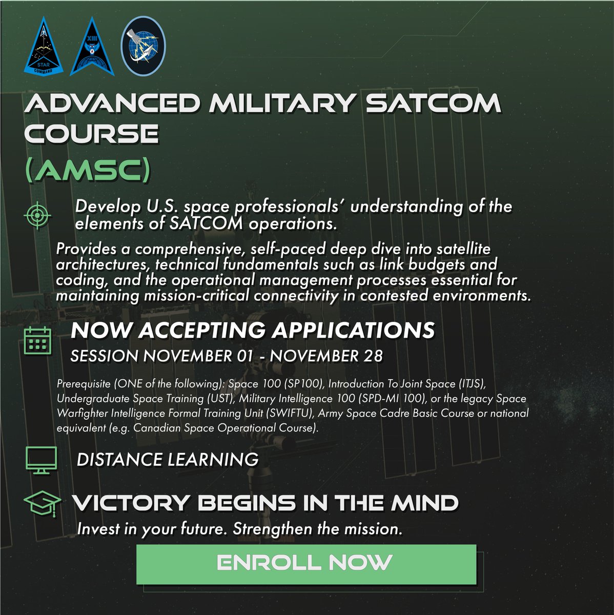 nssi_xp's tweet photo. Expand your space expertise!

New courses now open for Guardians, Joint warfighters, gov civilians &amp; mission partners. Build your space domain knowledge! Prepare for today’s mission &amp; tomorrow’s challenges. 

Enroll today: https://t.co/Llxtr7rAHJ

@USSF_STARCOM #NSSI #SpaceForce https://t.co/zH9xi2egZT