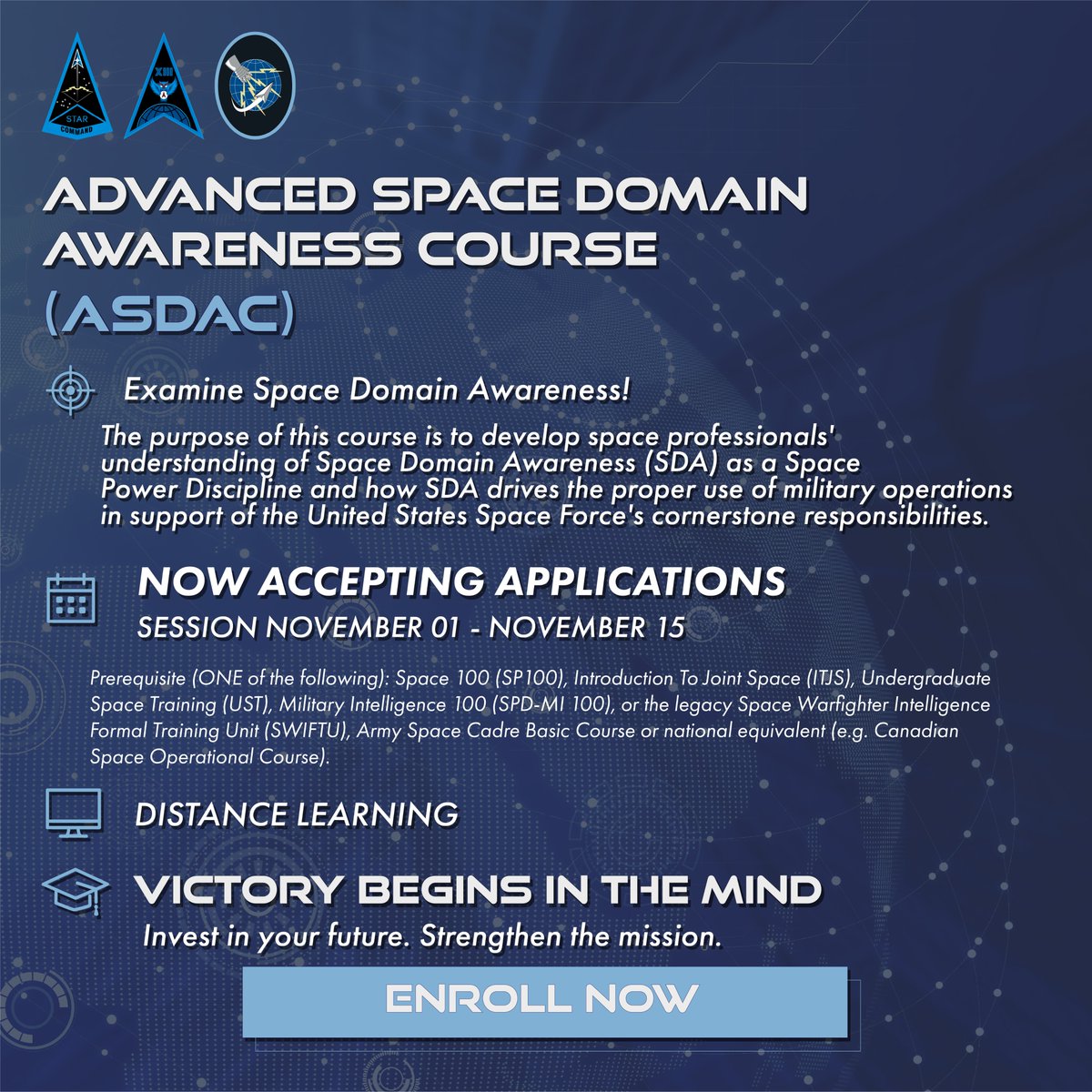 nssi_xp's tweet photo. Expand your space expertise!

New courses now open for Guardians, Joint warfighters, gov civilians &amp; mission partners. Build your space domain knowledge! Prepare for today’s mission &amp; tomorrow’s challenges. 

Enroll today: https://t.co/Llxtr7rAHJ

@USSF_STARCOM #NSSI #SpaceForce https://t.co/zH9xi2egZT