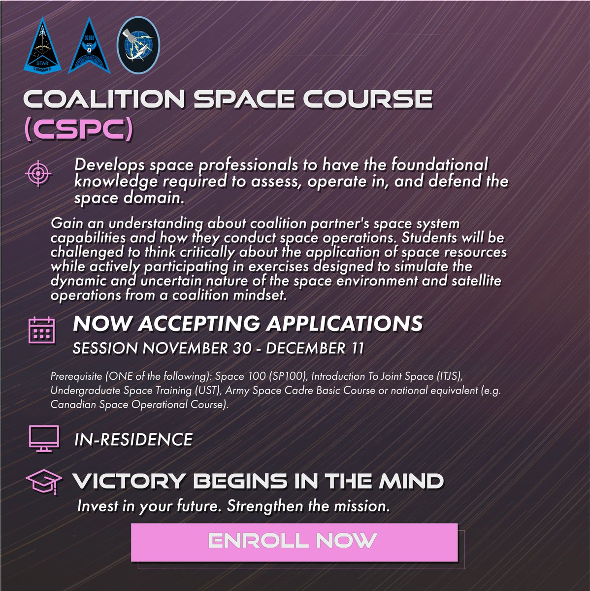 nssi_xp's tweet photo. Expand your space expertise!

New courses now open for Guardians, Joint warfighters, gov civilians &amp; mission partners. Build your space domain knowledge! Prepare for today’s mission &amp; tomorrow’s challenges. 

Enroll today: https://t.co/Llxtr7rAHJ

@USSF_STARCOM #NSSI #SpaceForce https://t.co/zH9xi2egZT