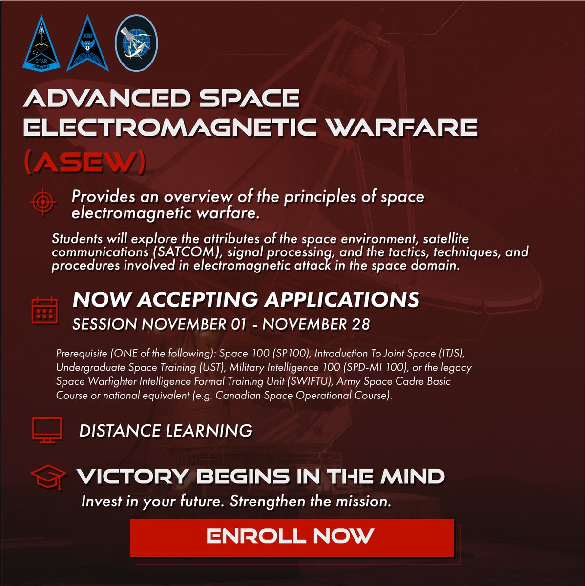 nssi_xp's tweet photo. Expand your space expertise!

New courses now open for Guardians, Joint warfighters, gov civilians &amp; mission partners. Build your space domain knowledge! Prepare for today’s mission &amp; tomorrow’s challenges. 

Enroll today: https://t.co/Llxtr7rAHJ

@USSF_STARCOM #NSSI #SpaceForce https://t.co/zH9xi2egZT