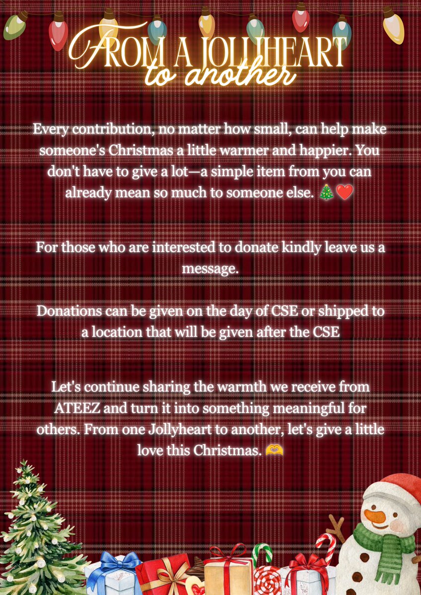 Jolliteez_cse's tweet photo. 🎄ANNOUNCEMENT🎄
DONATION DRIVE UPDATE
FROM A JOLLYHEART TO ANOTHER 

Hello, fellow ATINYs! 🫶
We have an important update regarding our “From a Jollyheart to Another” outreach project.

#FromAJollyheartToAnother
#JOLLITEEZ
#ATEEZ
#ATINY https://t.co/9spTTughj1