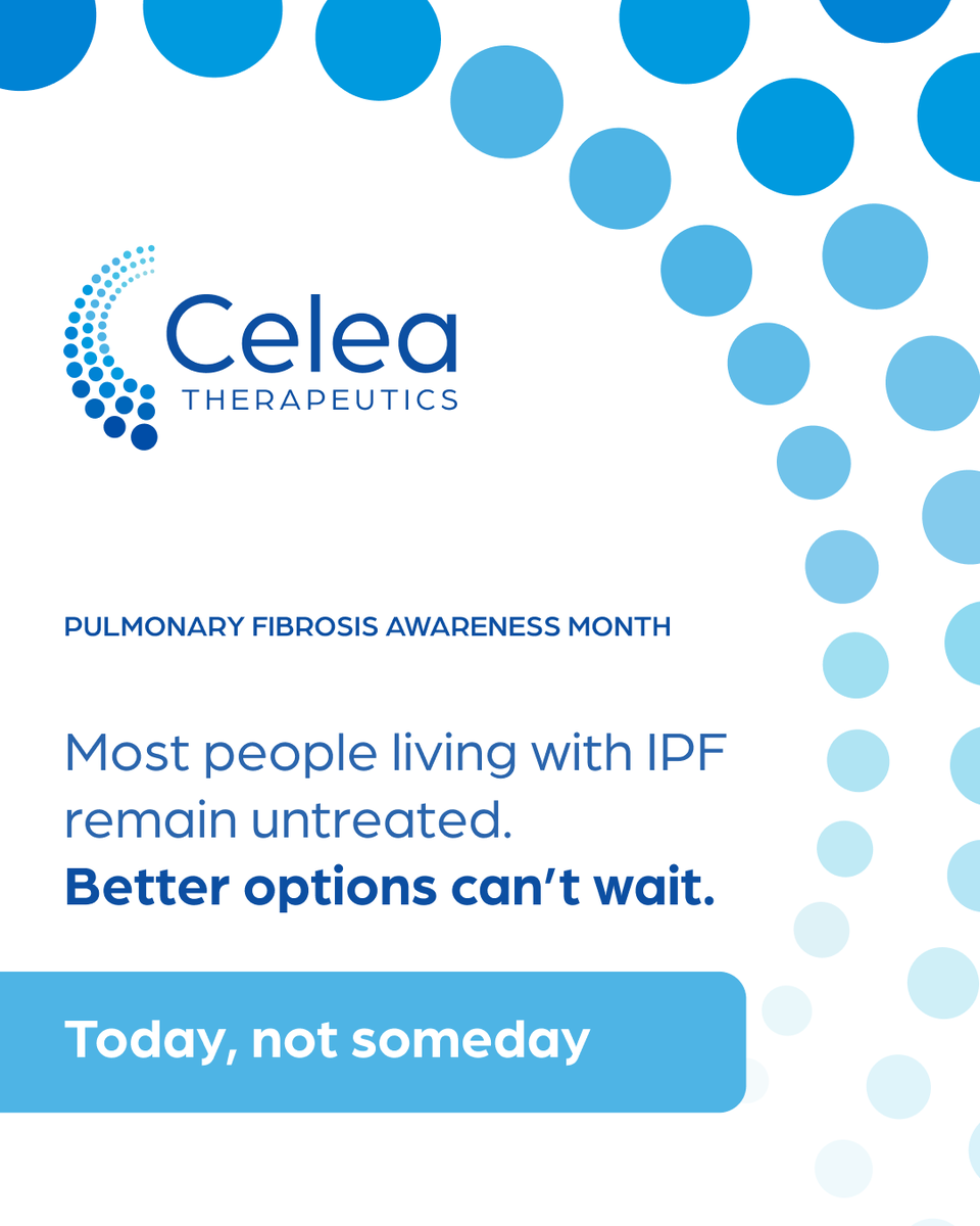 CeleaTx's tweet photo. Did you know that most people living with Idiopathic Pulmonary Fibrosis (IPF) remain untreated?

For Pulmonary Fibrosis Awareness month, we are spotlighting this progressive lung disease, characterized by irreversible scarring and a steady loss of lung function.

With a median survival of just 2-5 years after diagnosis, IPF carries a prognosis comparable to many cancers. Yet, despite the severity of the disease, only a minority of patients initiate treatment. Existing therapies can slow, but do not stop, disease progression, and their efficacy may not outweigh the burden of chronic side effects for many patients.

This year’s theme, “Today, not someday,” is a powerful reminder of the urgent need for more effective treatment options that can meaningfully change the course of IPF.

Learn more and find resources from the Pulmonary Fibrosis Foundation @PFFORG  https://t.co/rC6kSeeq5l

#PFMonth #IPF