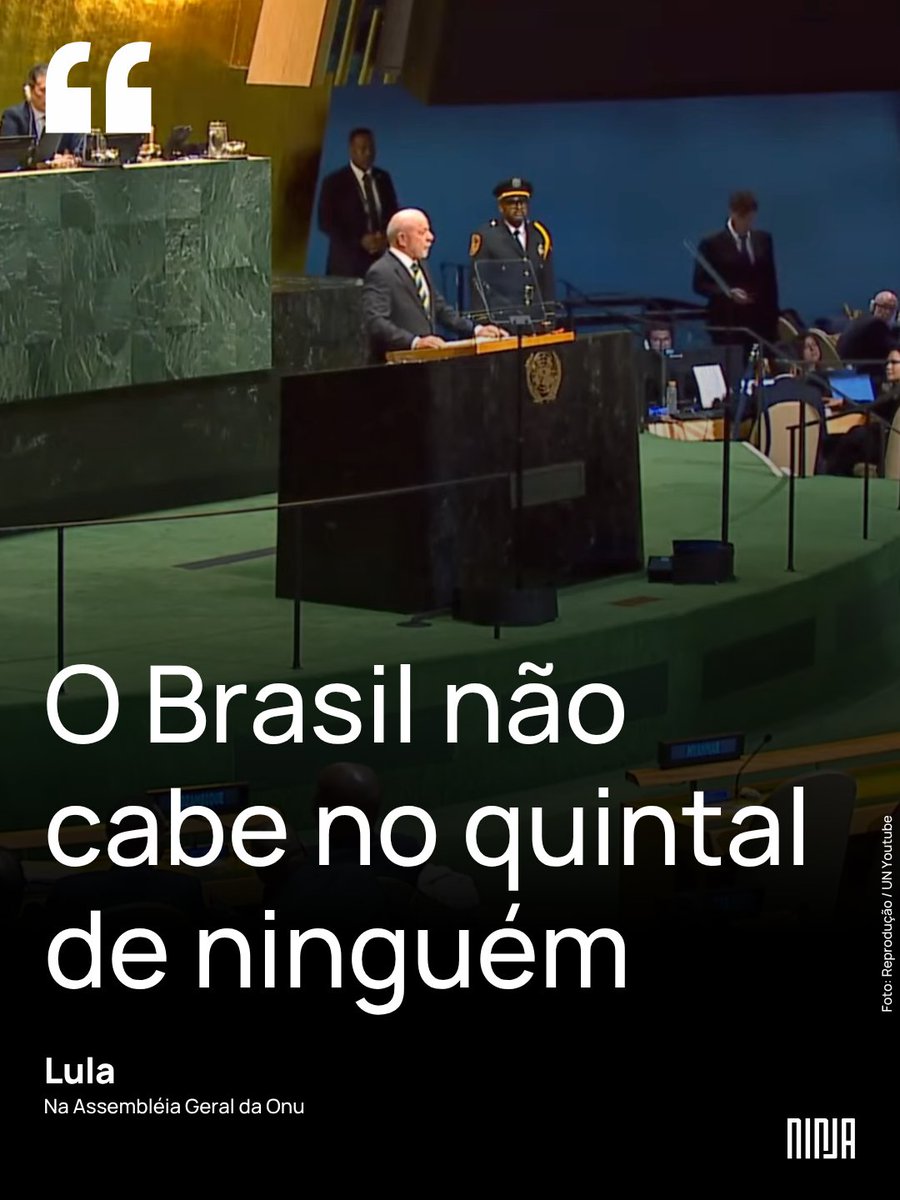 MidiaNINJA's tweet photo. 🇧🇷 “O BRASIL NÃO CABE NO QUINTAL DE NINGUÉM.”

Em uma frase, Lula resumiu o eixo político do discurso na ONU: soberania. Diante de pressões externas sobre eleições, comércio e recursos estratégicos, o recado foi que o Brasil deve decidir seu próprio rumo.

LULA NA ONU 🌎 https://t.co/arvCrj5ocE
