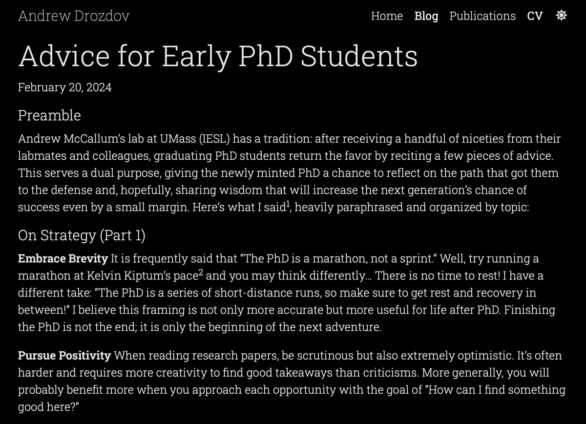 yacinelearning's tweet photo. great short blog post by andrew on doing a PhD (but also just generally being a good scientist)

I truly resonated with pursuing positivity as some of the worst papers that ever blessed the field still had lots of useful nuggets of knowledge hidden in the garbage. https://t.co/BJBFvxxMC4