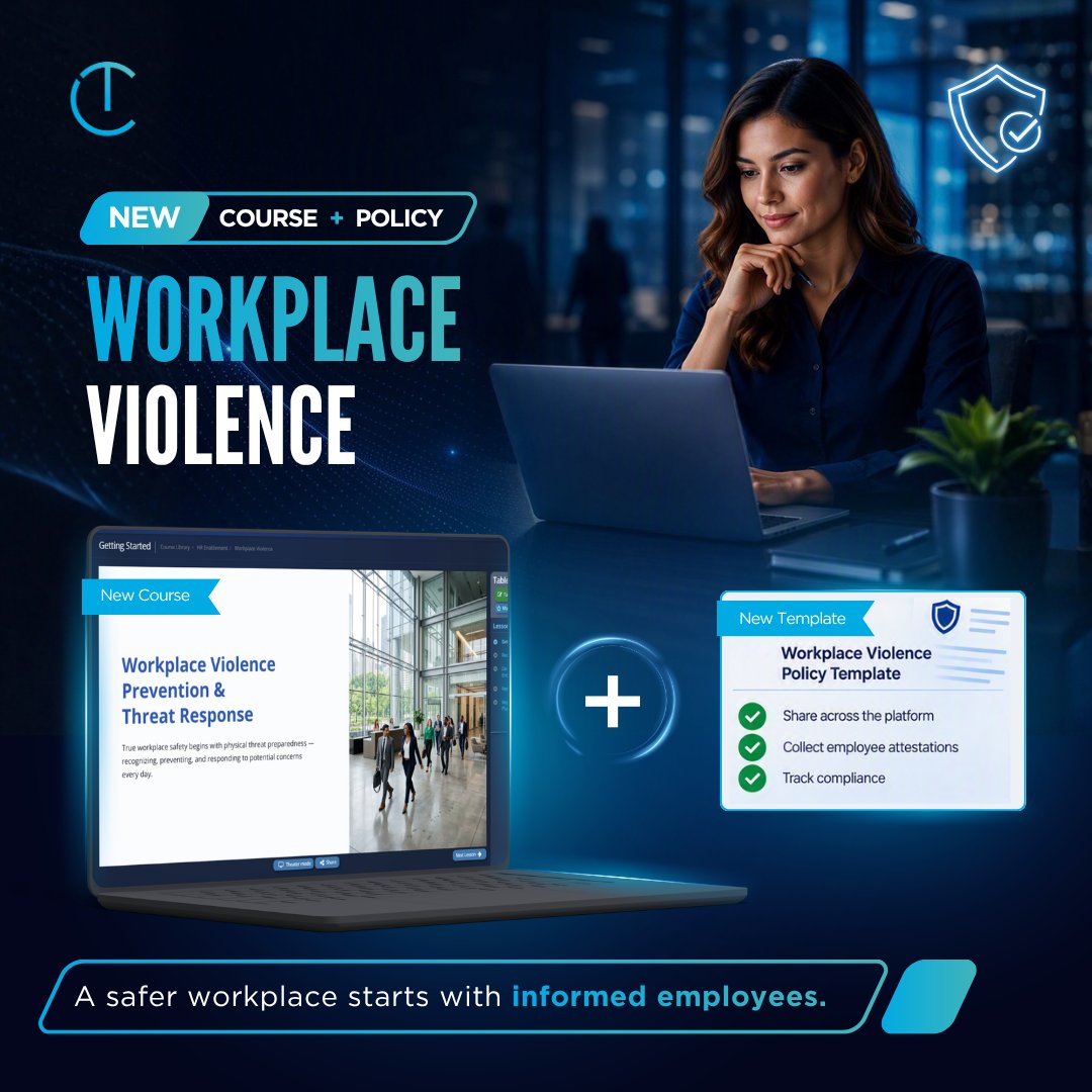 ClipTraining's tweet photo. New Course + Policy Template: Workplace Violence. Prevention &amp; Threat Response.
Help teams recognize potential risks, respond appropriately, and understand their role in preventing incidents before they escalate.

#WorkplaceViolencePrevention #RiskManagement #CaliforniaCompliance https://t.co/U2xMGZEf4E