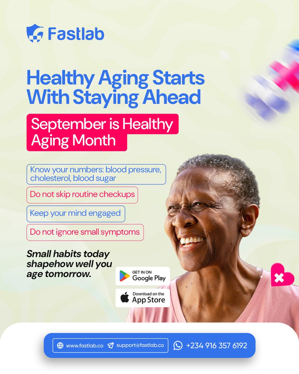 Fastlabhealth's tweet photo. Healthy aging is not a big overhaul; it is a habit. Know your numbers, keep up with checkups, and pay attention to the small signs.

#healthyagingmonth #agingwell #preventivehealth #healthyliving #Huracán #Pexo #Aundrey https://t.co/e9ZOf4rhfY