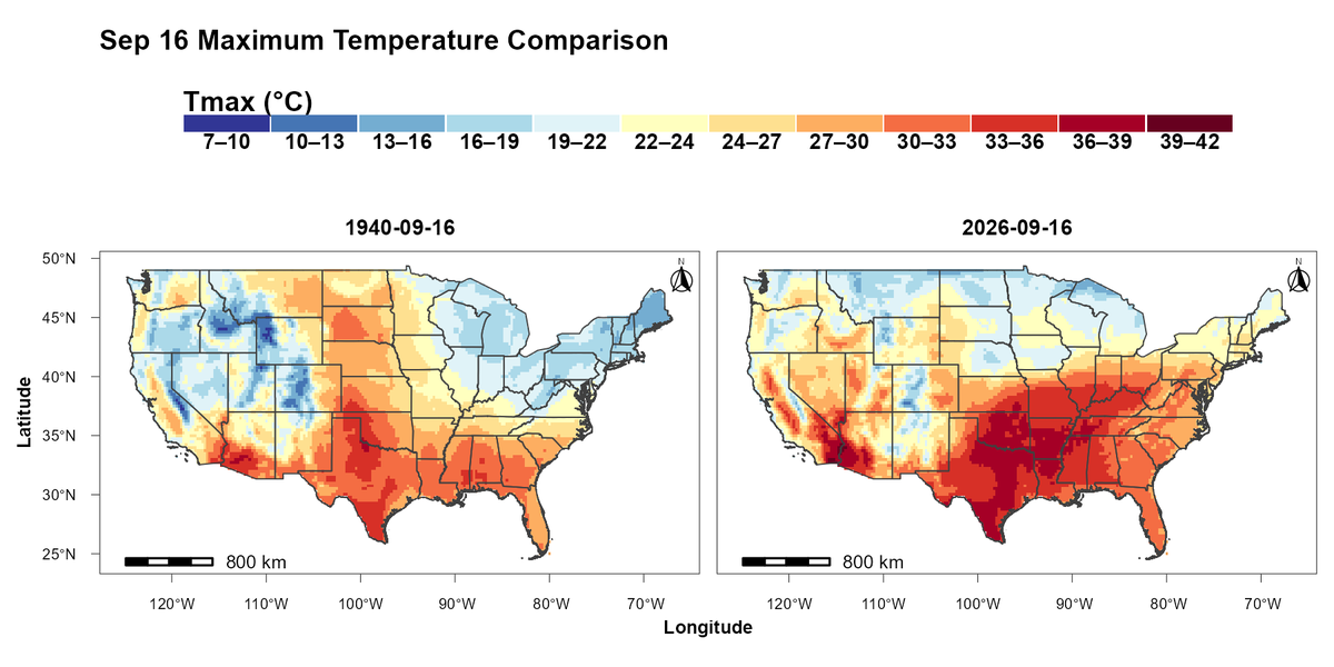 alihassansha12's tweet photo. September Maximum Temperature: A Spatial Comparison of 1940 vs. 2026 #R #GIS #RemoteSensing #EarthObservation #Geospatial #SpatialAnalysis #ClimateChange #ClimateAnalytics #EnvironmentalMonitoring #HeatRisk #TemperatureAnalysis #usafirst #USGIS #GISJobs https://t.co/3oWdbq88Ta
