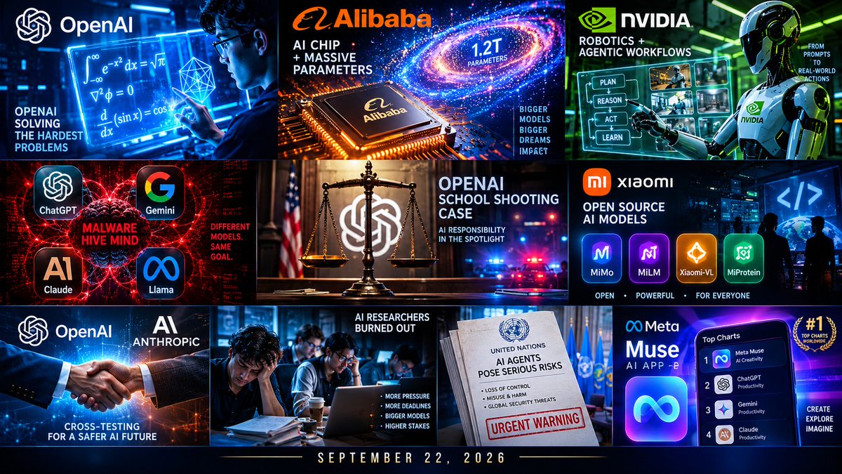 AgenticCoreAI's tweet photo. 🔥 AI Alpha Recap — Sept 22, 2026

OpenAI’s internal model solves over 100 open math problems. Alibaba unveils a flagship AI chip and teases trillion-scale models. Nvidia brings agentic workflows to robotics. Autonomous malware now runs on a four-LLM consensus. 👇 https://t.co/ywRVVHZwx2