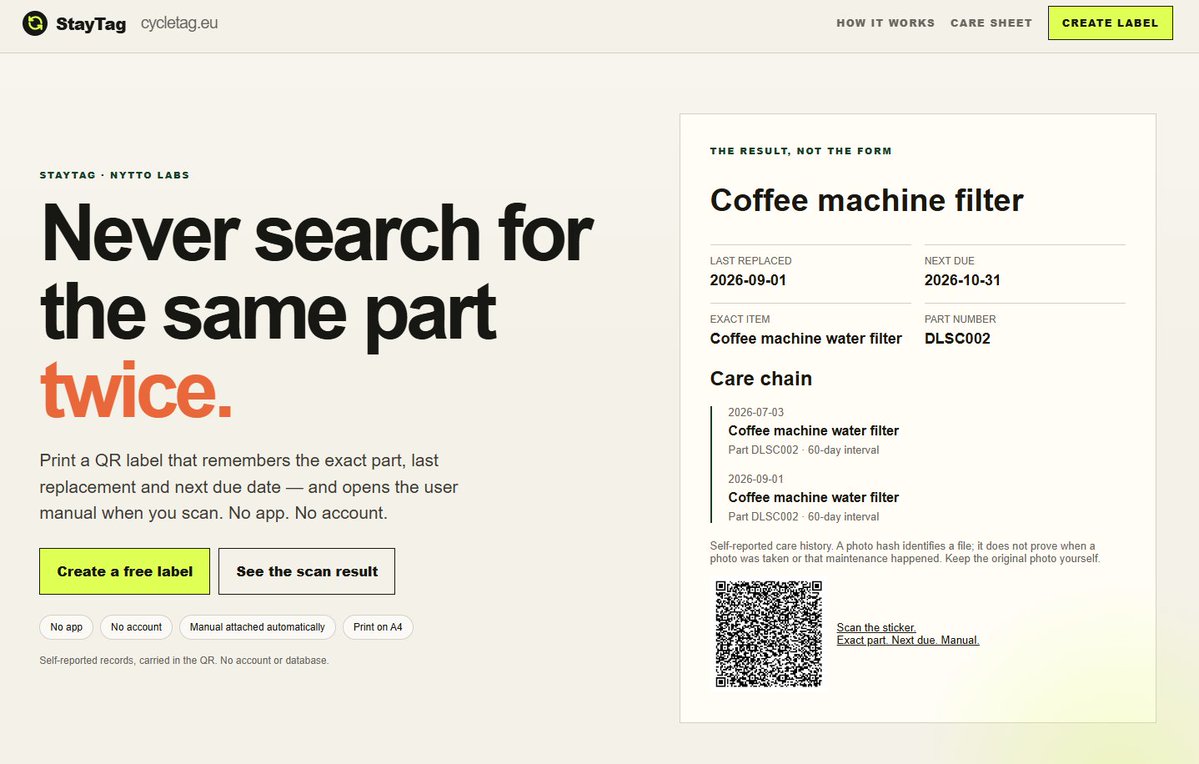 NyttoLabs's tweet photo. Never search for the same part twice. StayTag is a QR on the machine. Scan it: exact part, last replaced, next due, and the manual. No app. No account. https://t.co/Eigvnn79QN #StayTag #NyttoLabs https://t.co/B50pqfoSL3