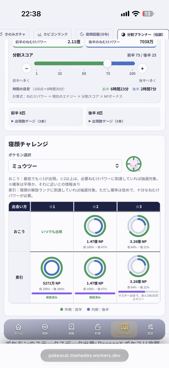 mamedesleep's tweet photo. 『ミュウツー☆3狙い、どう分割する？』

新機能「分割プランナー」を追加しました。

・出現数の最大化
・伝説ポケモンの寝顔チャレンジ（おこう/素引）
の最適スコアを確認できます

https://t.co/lxJN4W7n8i https://t.co/DrWe2G4HzY