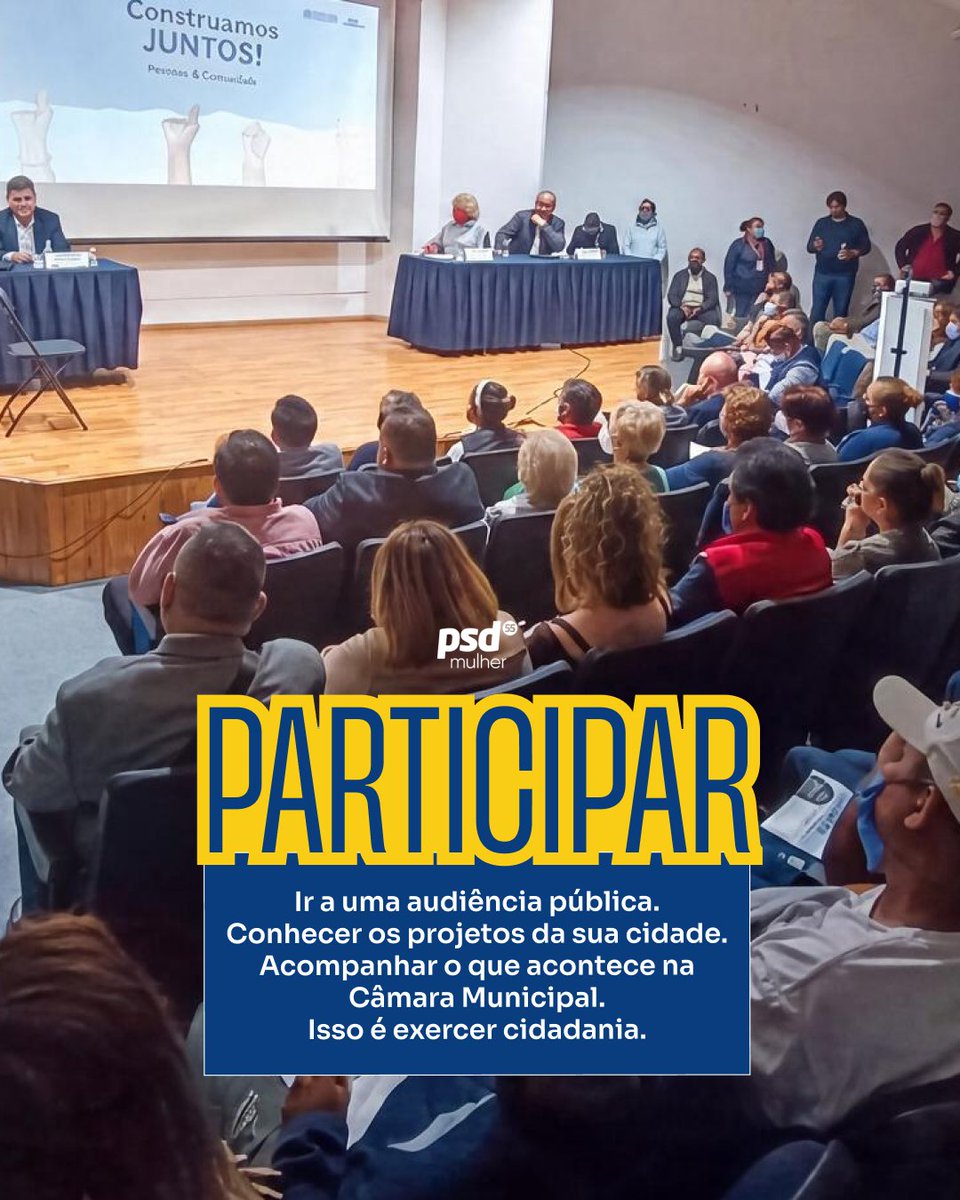 PSDMulher55's tweet photo. Acompanhar decisões públicas, fiscalizar, cobrar melhorias e participar dos espaços da sua cidade também fazem parte dela.

Quanto mais entendemos como as decisões públicas chegam à nossa rotina, mais preparados estamos para participar delas.

Participar também é um direito seu! https://t.co/Q4FagVabie