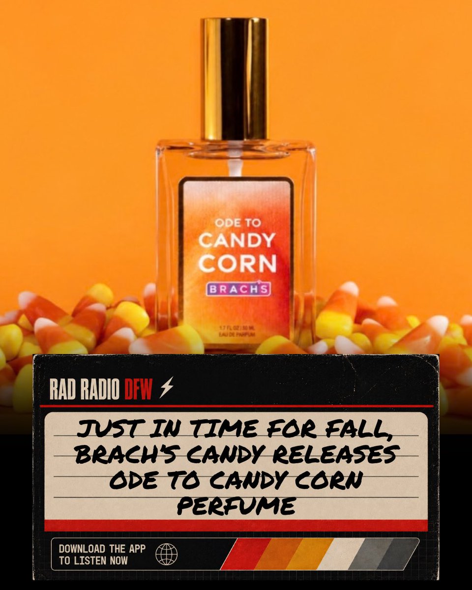 RadRadioDFW's tweet photo. Because who doesn’t want to smell like the absolute worst candy on earth? That’s right, tonight, 6pm sharp, Ode to Candy Corn will be available for purchase! Just $22 will have you smelling like plastic! https://t.co/0fKEn6hTCC