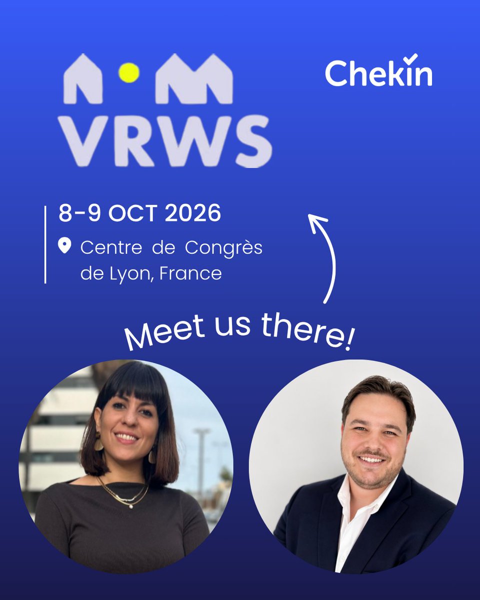 CheKinapp's tweet photo. Giulia and Pablo will be there both days. Roundtable, booth, and plenty of talk about operations, compliance and what's coming in 2027.

Going too? Tell us in the comments and let's make it happen 👇

#VRWS2026 #VacationRental #PropertyManagement #Lyon #Chekin https://t.co/sS2WHugbiX