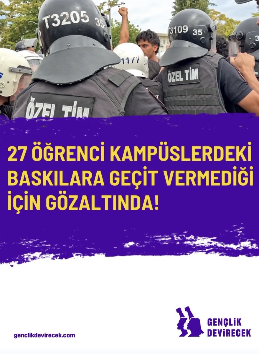 gdevirecek's tweet photo. 27 ÖĞRENCİ KAMPÜSLERDEKİ BASKILARA GEÇİT VERMEDİĞİ İÇİN GÖZALTINDA!

Ege Üniversitesi’nde, 3’ü yoldaşımız olmak üzere 27 mücadele arkadaşımız, kampüslerde polis ve ÖGB baskısını artırmayı amaçlayan genelgeye karşı stant açtıkları için gözaltına alındı!

İktidar, eli palalı faşistlere, kolunda tüfekle liselilere saldıranlara müdahale etmeyip hakkını arayan devrimci öğrencilere saldırıyor!

Gözaltılar bizleri yıldıramaz, mücadelemizden vazgeçiremez! Gözaltına alınan arkadaşlarımız derhal serbest bırakılsın ; kampüslerde baskıya ve polis-ÖGB kuşatmasına geçit vermeyeceğiz!