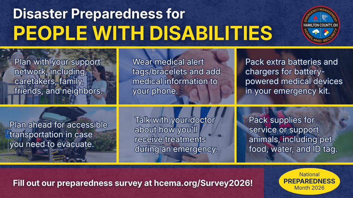HCEMA's tweet photo. You must consider individual circumstances to effectively prepare for emergencies. If you have a disability, consider using these tips to guide your disaster preparedness. If you haven't already, take our preparedness survey at https://t.co/68t6f2dSgP. #NationalPreparednessMonth https://t.co/LNRGMrgOCE
