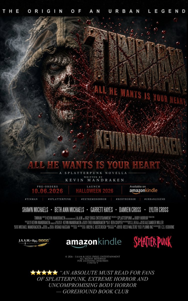 KevinManDraken's tweet photo. IT’S GETTING CLOSE

The legend is coming. 🪾🪓🩸🫀

Behold the cinematic promotional poster for TINMAN: The Origin Of An Urban Legend by Kevin ManDraken. 

All he wants is your heart...  

 Pre-orders begin: October 6, 2026  
 Official Launch: Halloween 2026 on Amazon Kindle  

Get ready for an uncompromising descent into splatterpunk and body horror.  

#TINMAN #Splatterpunk #ExtremeHorror #BodyHorror #UrbanLegend #HorrorBooks #IndieHorror #Halloween2026 #KindleUnlimited #HorrorFiction #KevinManDraken