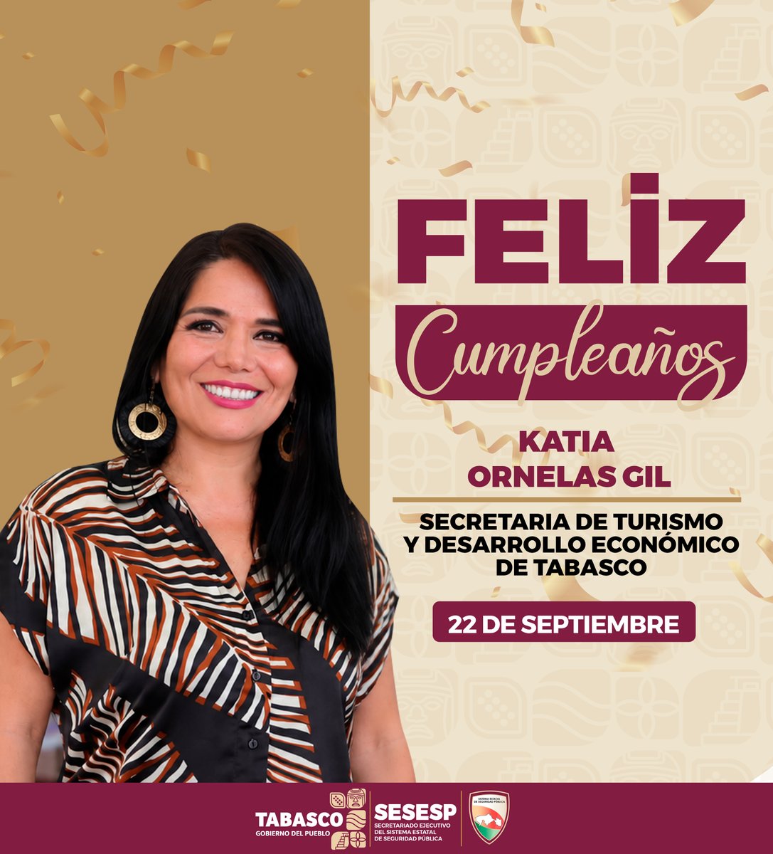SESESPTab's tweet photo. 📌 Expresamos una especial felicitación a la Secretaria de Turismo y Desarrollo Económico del Estado de Tabasco, Katia Ornelas Gil, con motivo de su cumpleaños, deseándole salud, éxitos y nuestros mejores deseos.

¡Feliz cumpleaños! 🎂🎉 @Katiornelas https://t.co/KnrJKK334e