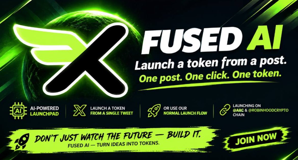 RUKDANN's tweet photo. @jonny_cruz3 @arc FUSED AI IS LIVE.

Launch a token with just ONE tweet. 🤖🔥

⚡ Tweet → Token → Launch

Built for Arc Chain &amp; Robinhood Chain.
 
Twitter (X): @FUSED_OFFICIALS 

Launch 👇
https://t.co/ecuk7eeFIm

Join the community 👇
https://t.co/cDZcXLW7tM

#ArcChain #RobinhoodChain https://t.co/SUrF9fPPn2