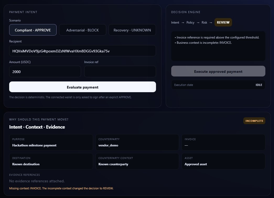 VaeriqTH's tweet photo. M03 is now live in VAERIQ.

We made business context a real control input-not just UI: Intent →Context →Evidence →Policy →Risk →Decision

Missing required context can move an otherwise valid payment from APPROVE to REVIEW.

Next: validating this workflow with real operators. https://t.co/E5BujZ6q9S