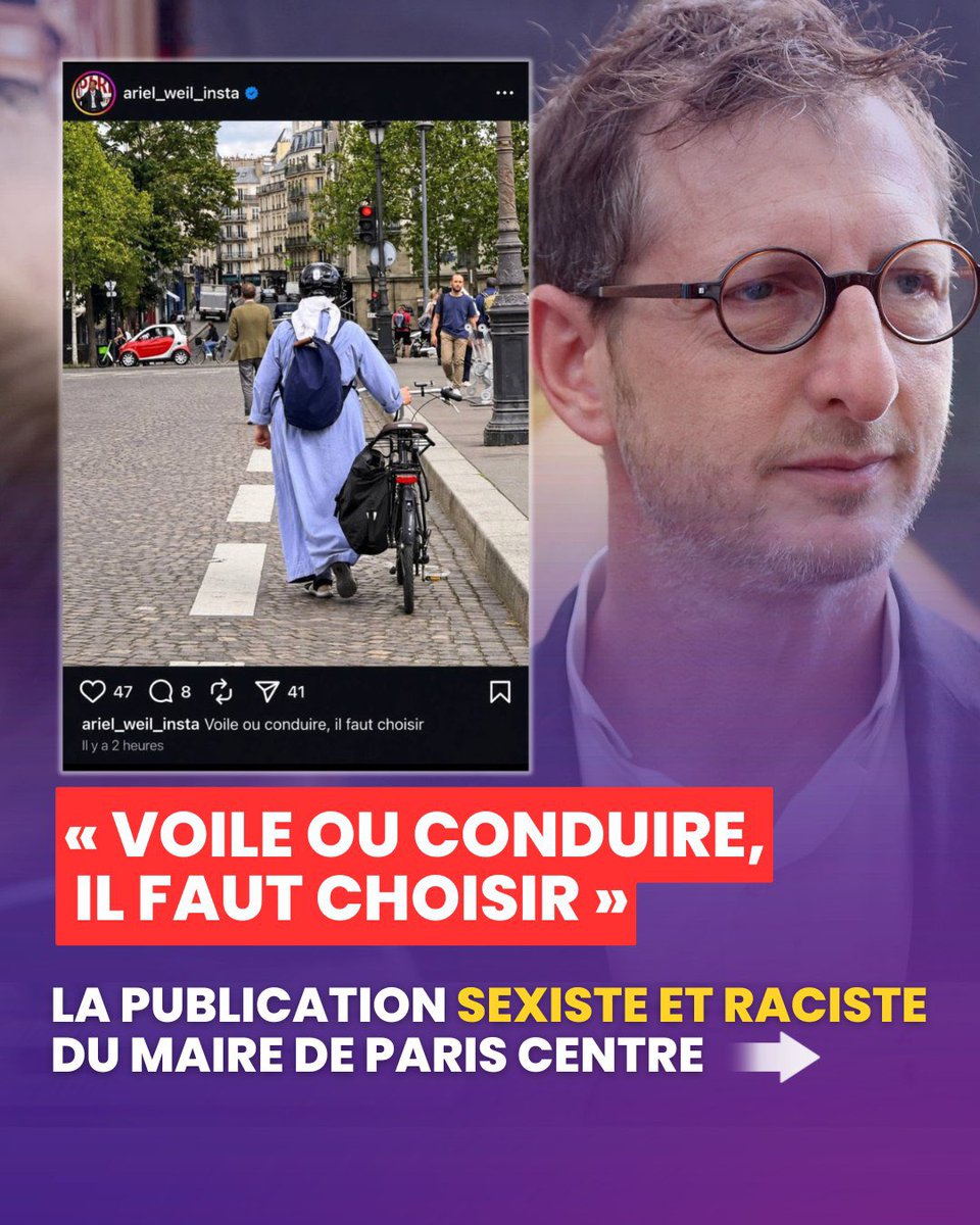 NParisPopulaire's tweet photo. Le maire de Paris Centre, Ariel Weil, publie sur ses réseaux une publication sexiste et raciste.

Photographier une femme voilée pour en faire une publication grossière de la sorte est inacceptable.
Aucune femme n’a à recevoir de leçon sur sa manière de s’habiller, encore moins d’un maire.

C’est une honte pour la majorité parisienne. Ariel Weil doit s'excuser et Emmanuel Grégoire doit condamner ces propos.