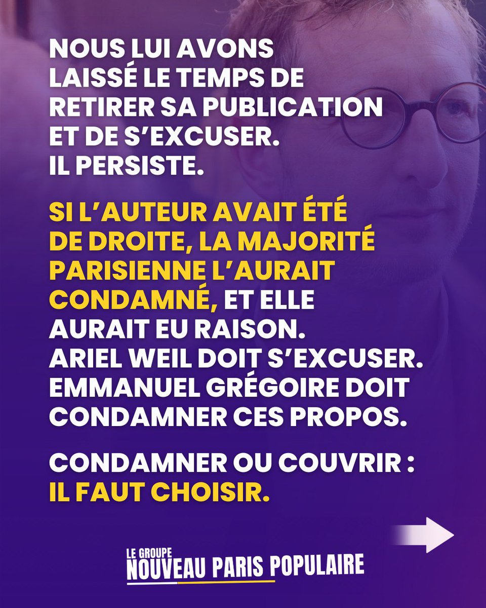 NParisPopulaire's tweet photo. Le maire de Paris Centre, Ariel Weil, publie sur ses réseaux une publication sexiste et raciste.

Photographier une femme voilée pour en faire une publication grossière de la sorte est inacceptable.
Aucune femme n’a à recevoir de leçon sur sa manière de s’habiller, encore moins d’un maire.

C’est une honte pour la majorité parisienne. Ariel Weil doit s'excuser et Emmanuel Grégoire doit condamner ces propos.