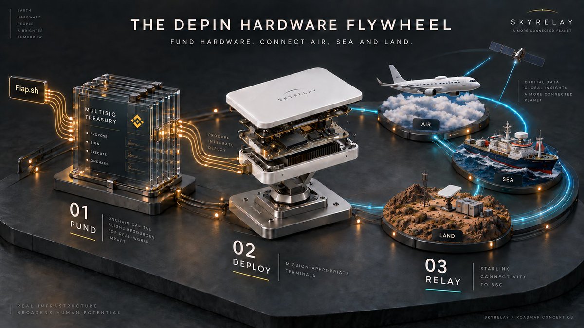 SkyRelayBSC's tweet photo. When people ask how "orbital physics on blockchain" is actually engineered from code to reality—we don't give hand-wavy theory. We point directly to our open-source codebase.

Here is the exact technical roadmap, mapped 1-to-1 to our production repo 🧵👇

---

📍 1. PRESENT REALITY (LIVE IN REPO TODAY)

• Local RF Ingestion:
`packages/core/src/telemetry/parse.ts` (`parseCapture`)
Directly polls local Starlink phased-array dishes via unencrypted LAN gRPC (192.168.100.1:9200) to extract raw Ku-band 11.325 GHz carrier metrics, elevation, and SNR.

• Orbital Ephemeris Verification:
`packages/core/src/orbit/sgp4.ts` & `coords.ts` (`propagateTle`, `temeToEcef`)
Integrates satellite position/velocity using WGS-72 gravitational parameters and verifies that measured Doppler shift (±25 kHz) matches mathematical S-curves.

• Relativistic Time Anchoring:
`packages/core/src/orbit/relativity.ts` (`createRelativisticTimeAnchor`)
Compensates for Einsteinian kinematic dilation (-27.5 μs) and gravitational dilation (+4.8 μs) = net -22.7 μs/day LEO drift, with a -4,050 Hz/s Doppler slope. Defeats DeFi MEV on BNB Chain.

• On-Chain Settlement & Slashing:
`contracts/src/SkyRelayBeacon.sol` & `SkyRelayBond.sol`
EIP-712 attestations settle on BSC. If an operator double-signs contradictory data, `slashEquivocation()` slashes their bonded BNB with a 20% instant bounty to the reporter.

Verified: 83/83 TS tests + 122/122 Foundry Solidity tests passing.

---

📍 2. NEAR-TERM: MULTI-STATION GEOMETRIC CONSENSUS

• Long-Baseline Triangulation:
`packages/core/src/orbit/triangulation.ts` (`runTriangulationQuorum`)
Simultaneously cross-verifies Doppler from 4 North Atlantic/European stations across 410 km baselines (Valentia ↔ Goonhilly), reducing FDOA residual to < 3.0 Hz for un-spoofable spatial consensus.

• Automated Gas Refund:
`contracts/src/SkyRelayBond.sol` automatically refunds BSC gas costs to honest station operators via the protocol reserve pool.

---

📍 3. LONG-TERM: AUTONOMOUS AI & INTERPLANETARY EXTENSION

• Autonomous AI Space Gateway:
`packages/core/src/ai/gateway.ts` (`AutonomousAIGateway`, `resolvePhysicalEntropy`)
Gives on-chain AI agents direct telemetry triggers and 256-bit unbiasable cosmic entropy extracted from ionospheric microwave jitter.

• Scaling to Mars:
Maxwell's electrodynamics (Δf = -f₀ · vᵣ / c) and Keplerian orbital mechanics are invariant across the cosmos. Mars has no undersea fiber cables, no AWS, and no terrestrial GPS. The exact same SGP4 Doppler protocol deploys seamlessly to Mars orbiters and Starships.

---

Token CA: 0x1cde8ED6aa84468BfbEd56dEacC264C7C1bB7777
DEX Chart: https://t.co/zCSZsnQnmt
Flap Portal: https://t.co/9VI8350drv

Live Telemetry: https://t.co/8PoKgPNl6R
Developer Guide: https://t.co/tJK7qgxHU0
Protocol GitHub: https://t.co/2OoIcRjskD

Code is truth. Build on physical reality. @BNBCHAIN

#BNBChain #BuildOnBNB #DePIN #SkyRelay #AI