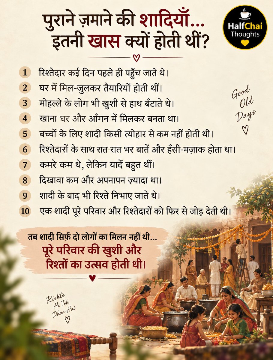 HalfChaiThought's tweet photo. पहले शादियाँ होती थीं रिश्तों के लिए… अब यादें ही रिश्ते निभाती हैं। 💖✨

#HalfChaiThoughts #OldMemories #PuraneDin #Shaadi #FamilyLove #Rishte 💖✨ https://t.co/FilGKd58oL