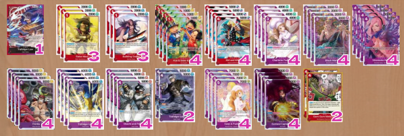 SQ_OPTCG's tweet photo. How I'm running RP Law if it does get unbanned

From someone who played full power RP law meta, 10-12 power reducers are all we needed.
Card draws are valued over anything else for the deck.
MoleGun/Honesty to clear 2 bodies a turn. https://t.co/y83YH4RKJj