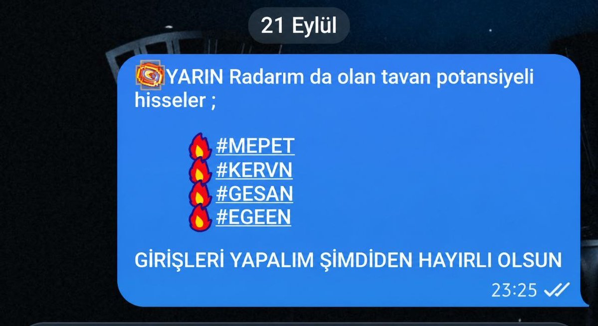 bozk_r96811's tweet photo. 🎯 Radar verdik, 4’te 4 alındı!

💠 #MEPET +%9.89      🚀Tavan
💠 #KERVN +%9.93      🚀Tavan
💠 #GESAN +%9.90      🚀Tavan
💠 #EGEEN +%7.39      🚀Tavan
 
Takipte kalan kazandı, sıradaki fırsatlar yolda…

📩 Katılmak için profilden linke tıkla.
https://t.co/yzsTojLREa https://t.co/a1zUpyXTuh
