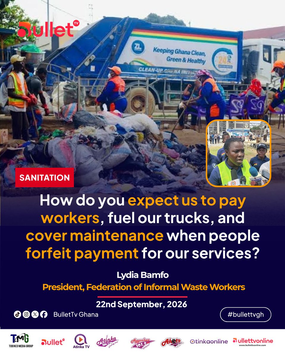 bullettvghana's tweet photo. How do you expect us to pay workers, fuel our trucks and cover maintenance when people forfeit payment for our services? ~ Lydia Bamfo, President, Federation of Informal Waste Workers
#BulletTvGh
#ForYouPage
#Sanitation
#FYP https://t.co/K8pyUNw9Qu