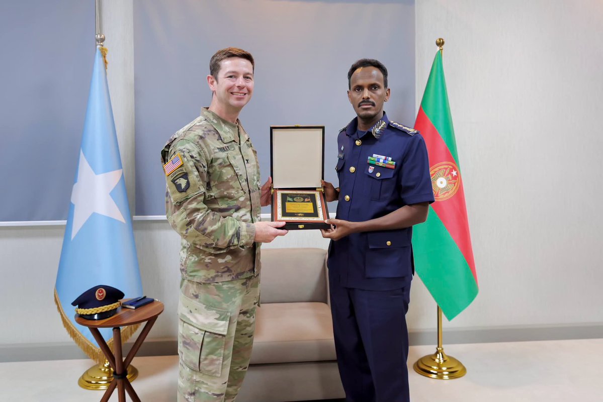 SomaliEye_'s tweet photo. Somali Air Force Commander Brigadier General Abdirisaq Mahmoud Haji today received U.S. Defense Attaché to Somalia, Colonel Egan O’Reilly.

The meeting focused on strengthening Somalia-U.S. defense cooperation, particularly efforts to rebuild, enhance and develop the Somali Air Force.