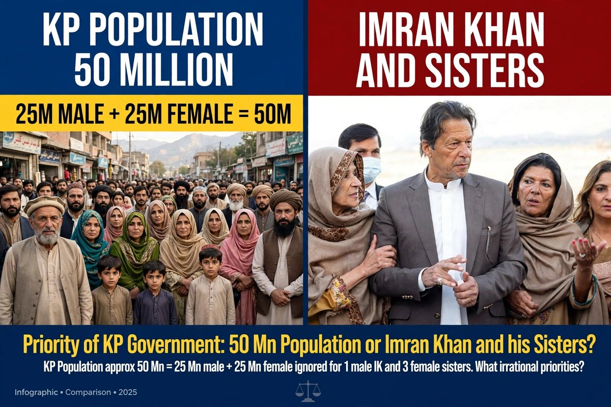 aliyaupdatesx's tweet photo. Priority of KP Government: 50 Million Population or Imran Khan and his Sisters? The population of KP is approx 50 Million, out of which 25 Million are male and 25 Million are female, but the KP Government has chosen to ignore all of them in favour of 1 male IK and 3 female sisters - what irrational priorities? Will the people of KP not question this