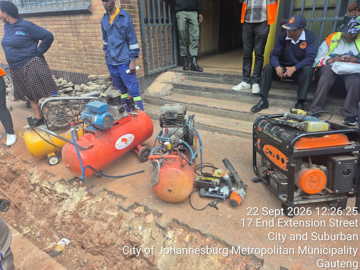 RegionF_Joburg's tweet photo. Law enforcement teams are in Ward 124 conducting inspections. An illegally operating business was identified, with some workers fleeing the scene. JMPD impounded compressors and other equipment, while a Level 2 electricity disconnection was effected for non-payment.#JoburgByLaws https://t.co/5s6gGOA2fs