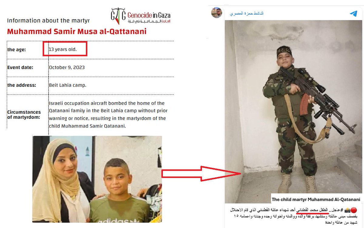 Aizenberg55's tweet photo. 13-year-old Muhammad Al-Qattani was portrayed as an innocent child killed in an IDF strike. But he was another child soldier recruited by Islamic Jihad, probably at age 12. The militarization of Gaza’s children by Hamas and PIJ is never mentioned by those “NGOs” and “experts.” https://t.co/1BU9Xa2tkS