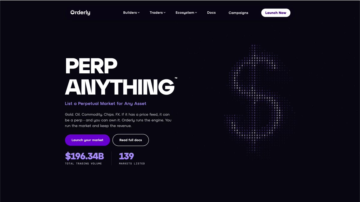 OrderlyNetwork's tweet photo. How listing a perp market used to work:
• 6 months of BD calls
• $250K+ in market maker retainers
• Praying for orderbook depth on day one

How Perp Anything works on Orderly:
1. Pick any asset with a price feed
2. Post the insurance deposit
3. Go live with omnichain liquidity across 16 chains instantly

Builders keep 50% of trading fees + 100% of liquidation fees.

Stop asking exchanges for permission.