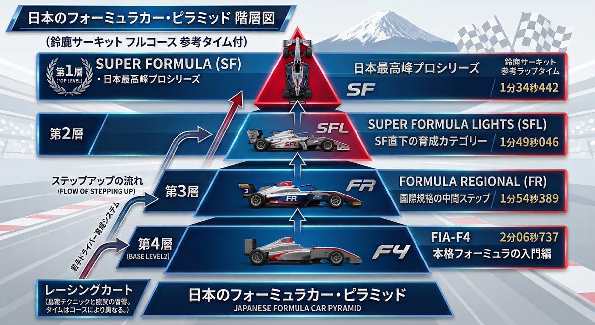 Emperor_D0102's tweet photo. 世界的な流れを考えると撤退は致し方ないのかなと思いますが…
FRからSFだと結構スピード差が広がりそうなので、SFL相当のカテゴリーは引き続き残って欲しいですね😭
今のフォーミュラカーのパフォーマンスピラミッドはこんな感じ？
ライセンスポイントとしてはSFLとFRが反対だったり、S-FJを載せてなかったりと簡易的な表にはなりますが…
※画像はGemini作成なので参考程度に