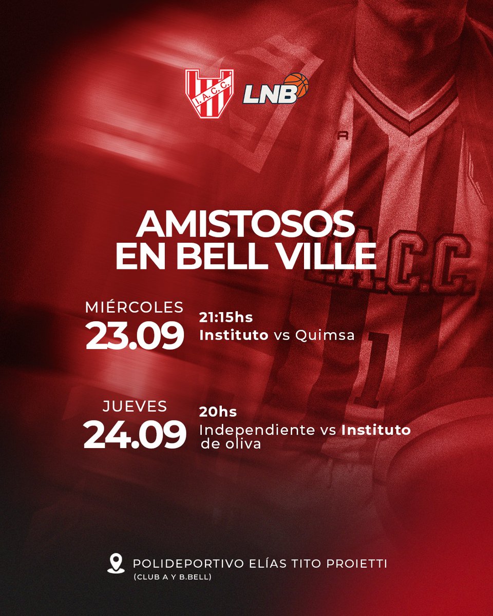 InstitutoACC's tweet photo. Instituto se prepara para sus últimos dos amistosos ⛹🏻

La Gloria enfrentará este miércoles a Quimsa y el jueves a Independiente de Oliva, en el Polideportivo Elías “Tito” Proietti de Bell Ville, en sus últimos ensayos antes del comienzo de la @LigaNacional 2026/27.

🖇️ Más info: https://t.co/JZvOFQlmP2