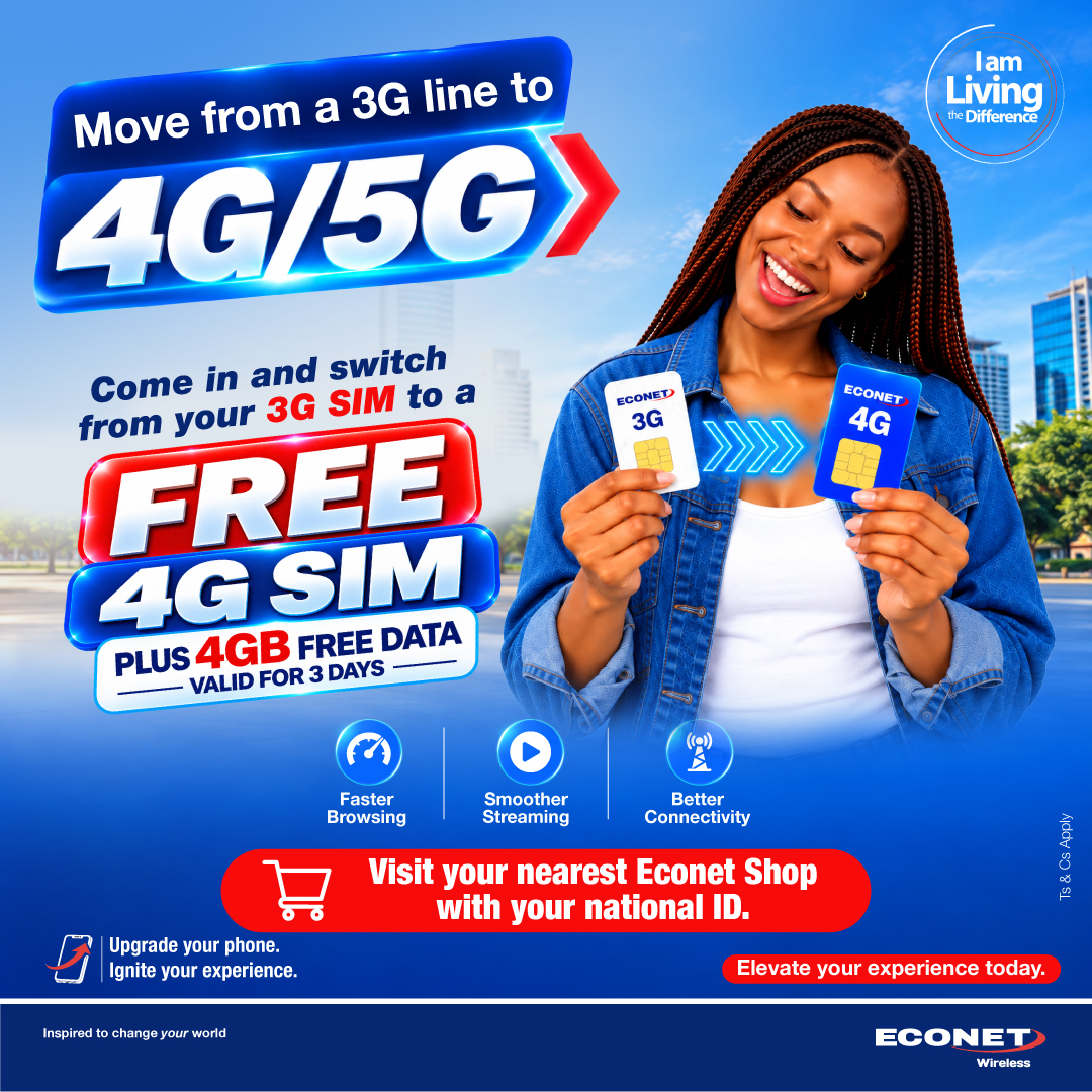 HeraldZimbabwe's tweet photo. Still on a 3G SIM?
Swap to a FREE 4G SIM and get 4GB FREE data valid for 3 days.
Faster browsing. Better streaming. Better connectivity.
Visit your nearest Econet Shop with your national ID.

#4GUpgrade #LivingTheDifference https://t.co/MyYt9cqOMA
