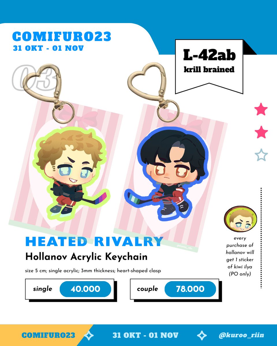 kuroo_riin's tweet photo. [ ↻ + ♡ are appreciated ]
✮ KURORIN.'s #Comifuro23 preorders OPEN .ᐟ.ᐟ

notes: semua acrylic stuff, bisa mail order/ots, habis ini gak ada PO lagi, smw ots ;((((

♡ 31 okt - 01 Nov '26
♡ L-42 ab [krill brained]
♡ valorant, evangelion, heated rivalry

link below ⤵︎ https://t.co/kAwJn4y4Z5
