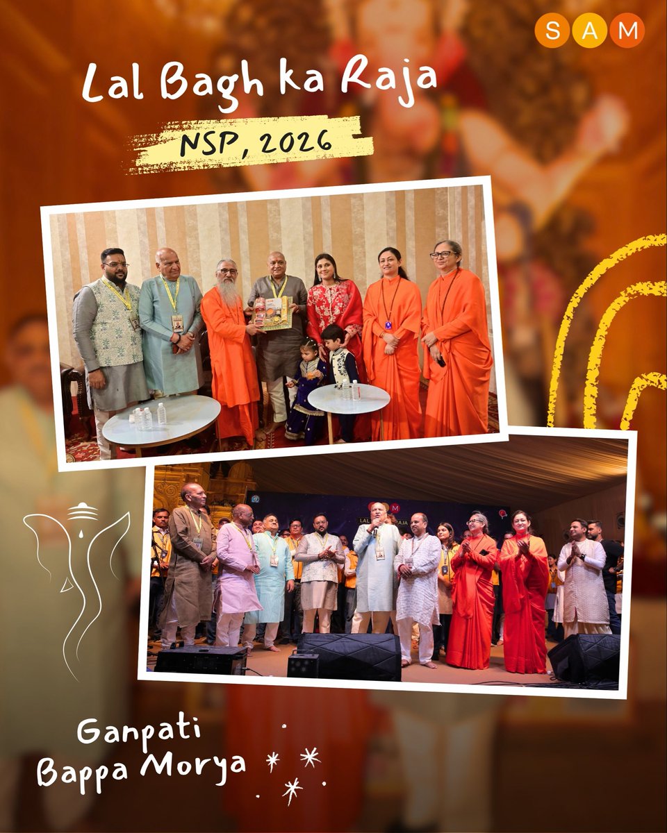 SAMWorkshops's tweet photo. [1/2] A special moment at SAM Bhajan Clubbing × Lal Bagh Ka Raja, Delhi — where devotion created a beautiful space for connection, respect and togetherness. ✨

Swami Narendranand Ji, National Secretary, DJJS, honoured the esteemed trustees of Lal Bagh Ka Raja. https://t.co/BokLtmhW1a