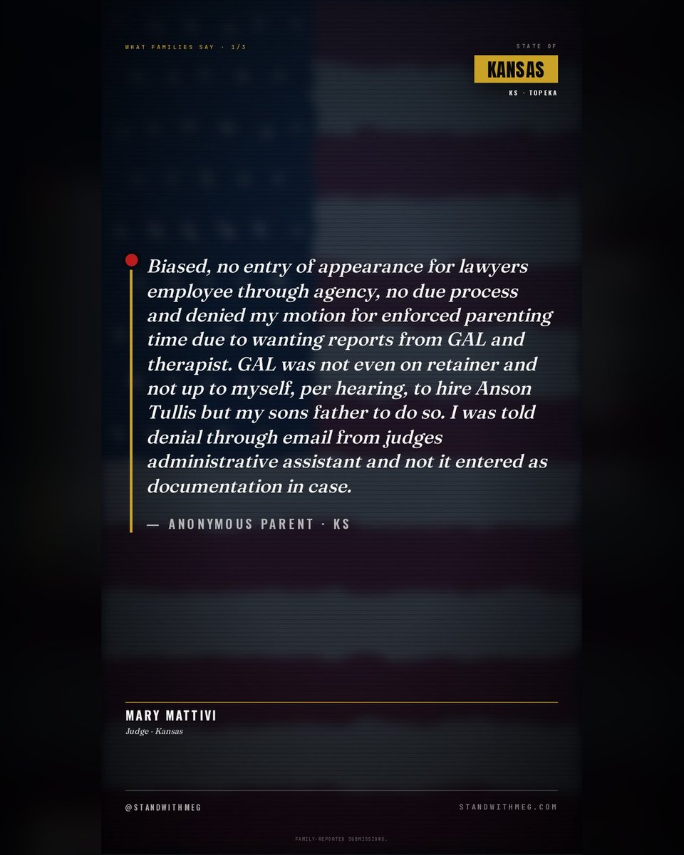 StandwithMeg's tweet photo. β οΈ π¨ Judge Mary Mattivi β Shawnee County, Kansas β named by 4 families in family-reported submissions. Add your story β https://t.co/WZkttTuuEd FAMILY-REPORTED SUBMISSIONS. #StandWithMeg #JudgeMaryMattivi #KSFamilyCourt #ShawneeCountyKS #CourtTransparency https://t.co/BM8iJd87Zu