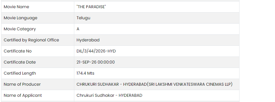 BagundaReviews's tweet photo. #TheParadise Telugu version has been certified A 🔥

⏱️ Runtime: 174.4 minutes — nearly 2 hours 55 minutes

A lengthy theatrical cut is locked for the Telugu version. ❤️‍🔥

#Nani #Paradise https://t.co/ZZW0VDMDTn