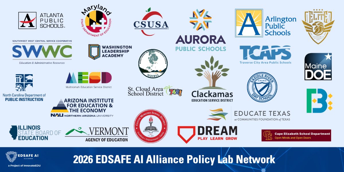 EDSAFEAI's tweet photo. Safety is the foundation to AI innovation in K-12. We welcome Cohort 3 of the EDSAFE District &amp; State Policy Labs, building policy frameworks that protect data, support teachers, and ensure fairness and efficacy.

Read more: https://t.co/GM1oqzAB3Z 

#AIinEducation https://t.co/yg2mahToEI
