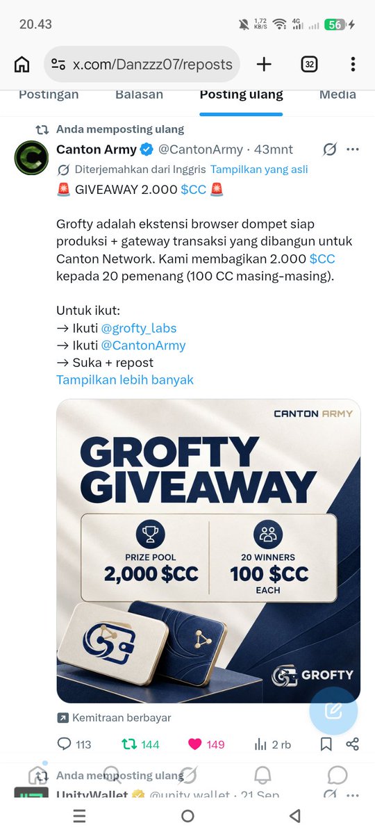 Danzzz07's tweet photo. @CantonArmy @grofty_labs Done FOLLOW, LIKE + RETWEET 

WISH ME GOOD LUCK 🤲 

Grofty Wallet : 

my-wallet::1220e116af6767ae908af90b687593c50b292d08b3d64bd216af8bdb67117748e1c6

$CC https://t.co/kDWzqqxJGO