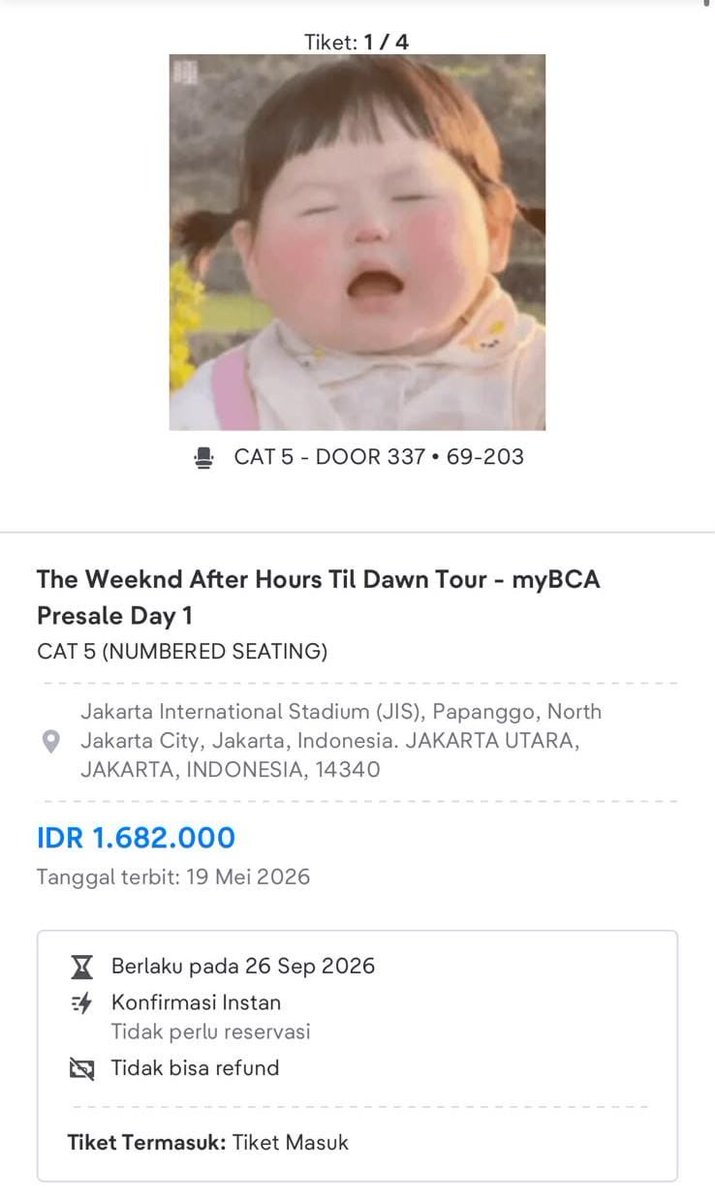 stupidddssss's tweet photo. @serialmadrid kakk aaku ada 1 tiket (day1), cat 5 door 337 tp bru ambil kamis. nnti nontonnya sma aku juga, bolehh negooo hihi https://t.co/jX1Up7A9jX