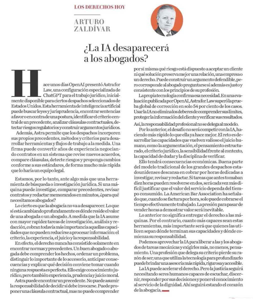 ArturoZaldivarL's tweet photo. La IA puede investigar leyes, revisar contratos y construir argumentos jurídicos en minutos.

¿Las y los abogados dejamos de ser necesarios?

Mi artículo en @Milenio. https://t.co/XmYS6hsfmN