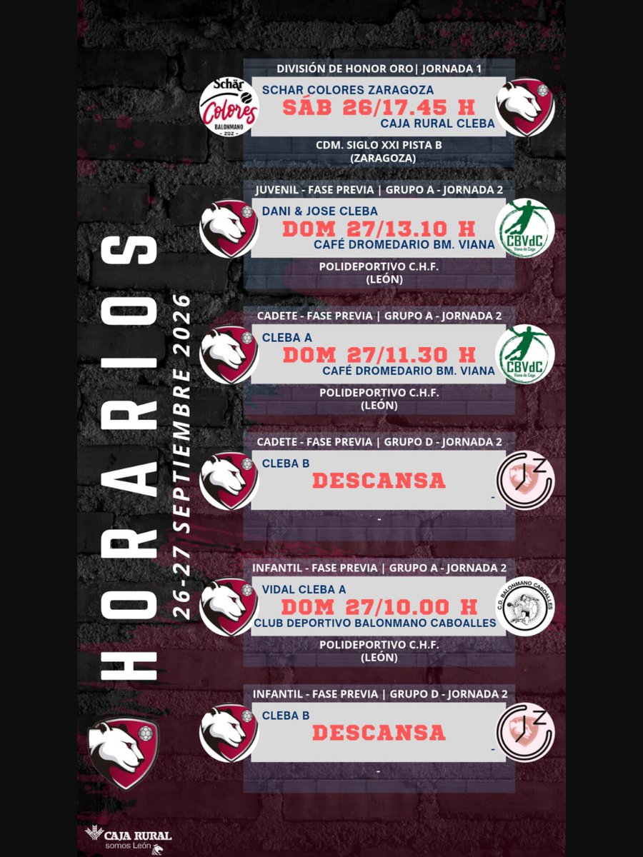 ClebaLeonBm's tweet photo. 🗓️ HORARIOS PRÓXIMA JORNADA 🗓️
Así se presenta la próxima jornada para todos nuestros equipos. 🔴⚫
Consulta las sedes y los horarios para no perderte ningún partido.
#cleba #sumaysigue #30aniversario #balonmano https://t.co/MBVsUbV3ZL