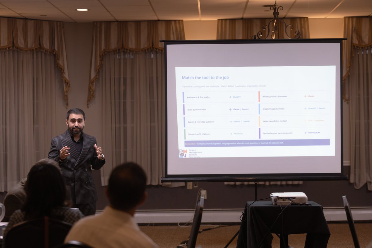 AmerPMConsultan's tweet photo. Last week, I had the honor of speaking at #PMINJ, the PMI - New Jersey Chapter (PMINJ)
It was an amazing experience.
This hybrid event brought together 30+ senior professionals in person and over 200 virtually.
I shared my research, experience, and practical frameworks on AI in project management.
We discussed A.I.D.E.R., my signature framework for setting guardrails around AI, and I walked through the 5 checks every project manager should run when interacting with AI.
Of course, we also covered my B.R.I.E.F framework for how to talk to AI clearly and get reliable outputs.
The best part for me was the energy in the room and the quality of the Q&A.
The questions from these senior project professionals made me think twice, challenged assumptions, and stayed tightly aligned with the real trends and issues in AI for project management.
Grateful for the opportunity to contribute to this community and looking forward to more conversations like this in the future.